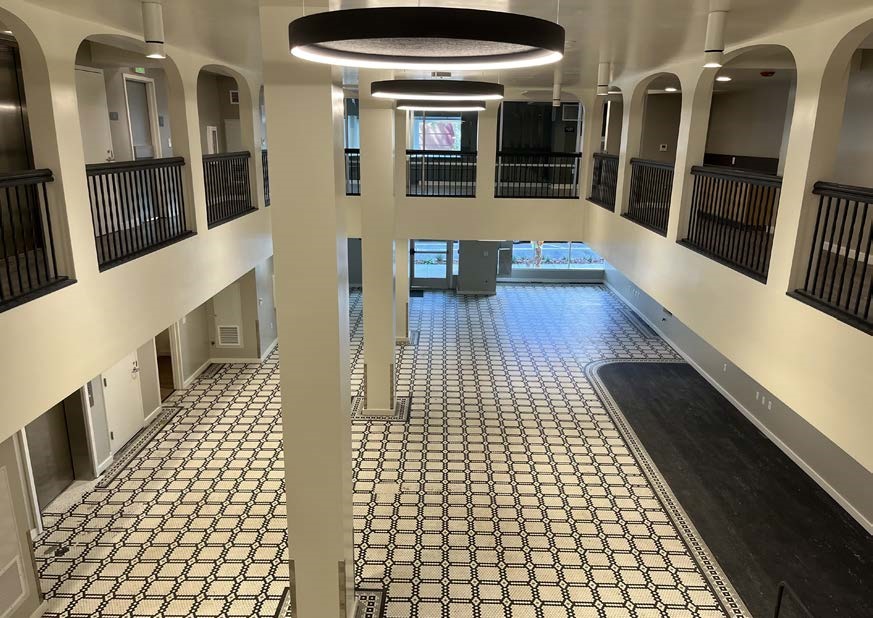 Hotel lobby turned community room